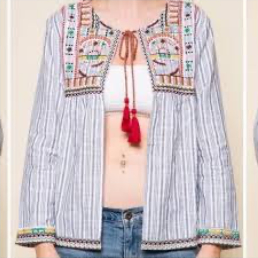 RAGA Embroidered Striped Cotton Tassel Tie BOHO Cardigan Jacket Top Size XS